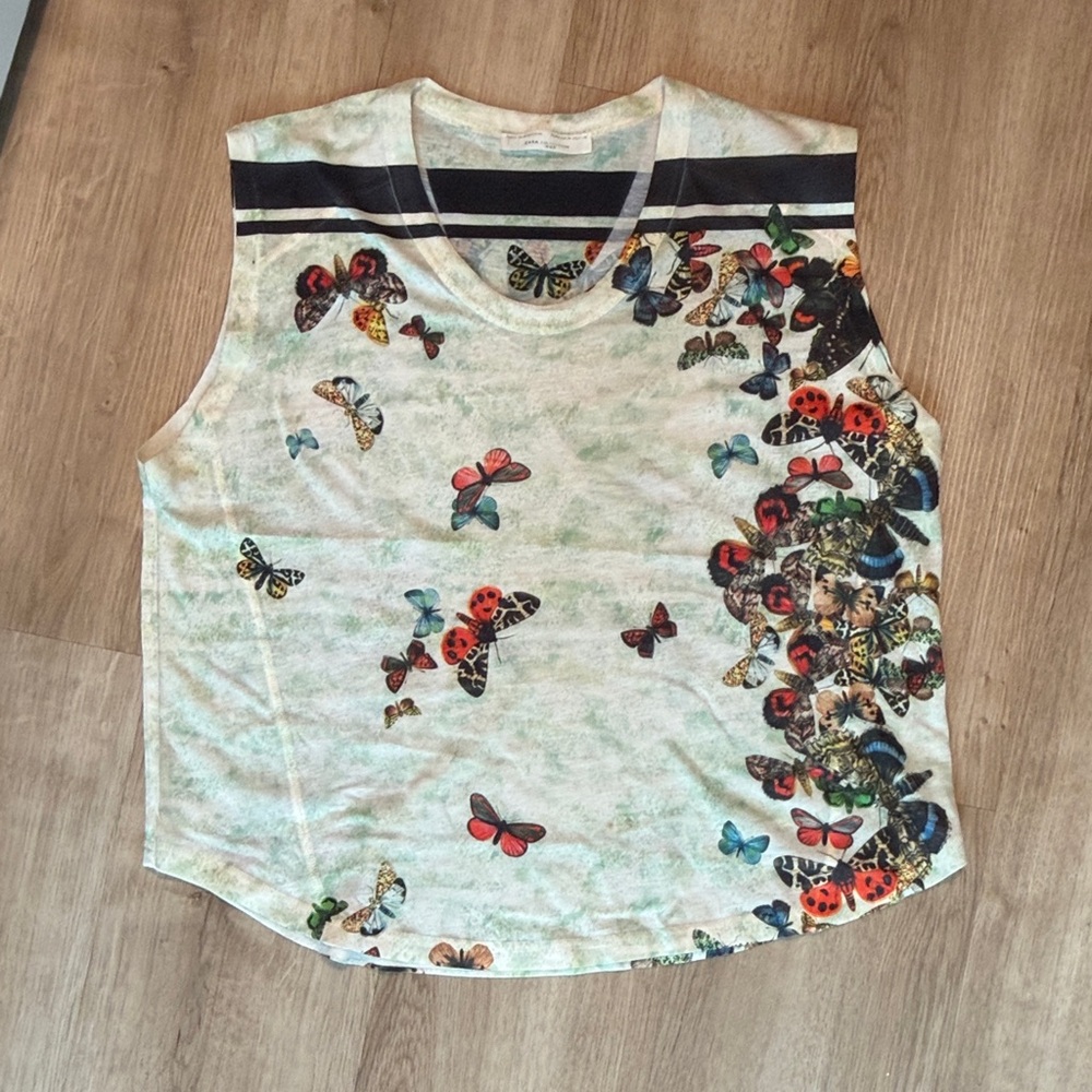 Zara Mint Tank Top with Multicolor Butterfly & Ladybug Motifs